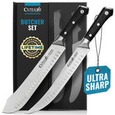 Cutluxe front packaging showing both 10-inch butcher knives and benefits