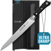 Cutluxe front view showcasing knife profile and professional slicing benefit