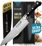 Cutluxe front view showing packaging and blade, highlighting professional quality