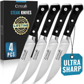 Cutluxe front view of boxed four-piece steak knife set, premium presentation benefit