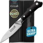 Cutluxe paring knife front view showing compact blade and balanced shape for control