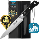Cutluxe front view petty knife showing balanced profile and blade benefit