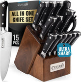 Cutluxe front view with walnut block showing full set and neat storage benefit