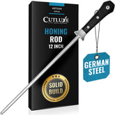 Cutluxe honing rod front view showing full 12-inch carbon steel rod for reliable honing
