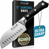 Cutluxe santoku 5" front view showing blade and handle for precise control