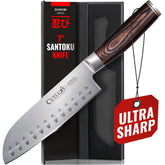 Cutluxe Santoku front view showing full blade and pakkawood handle for balanced control