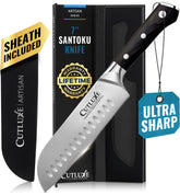Cutluxe santoku front view showing full blade and handle for balanced control