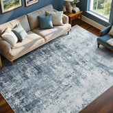 Cuzwlovita front view blue abstract rug shows modern design and warm feel