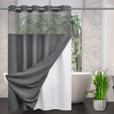 CYPL front view of grey waffle shower curtain showing clean hotel look