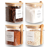 CZZGSM front view of four square jars showing clear glass and bamboo lids for neat storage