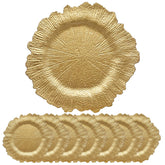 DaCakeWS front view of ten gold reef chargers showcasing elegant table framing