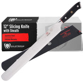 Dalstrong 12" carving knife front view showing blade and handle, professional slicing benefit
