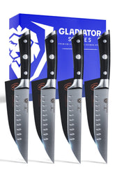 Dalstrong front packaging showing four 5-inch steak knives benefit elegant presentation