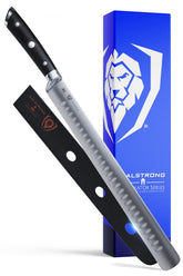 Dalstrong front view of 12-inch slicer showing full blade and packaging benefit clean slicing