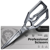 Dalstrong kitchen scissors front view showing robust blades and secure grip benefit: clear visual of tool strength