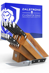 Dalstrong front view of knife block showcasing full set and gift-ready appeal
