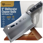 Dalstrong Obliterator front profile showing full 9 inch blade and edge, highlights power