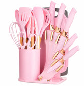DANFFI front view of pink kitchen set showing organized tools and holder for tidy counter