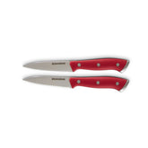 Dash Zakarian front view showing two cranberry-handled paring knives and balanced grip benefit