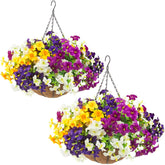 Daynight front view of two hanging baskets showing full floral display and curb appeal