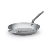 de Buyer front view of pan showing wide cooking surface and sturdy rim for durability
