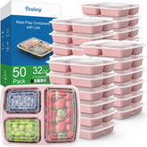 Dealusy front packaging showing 32 oz pink 3-compartment set for organized meal prep