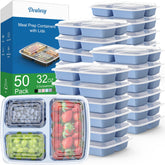 Dealusy front view of blue 3-compartment containers showing organization and capacity