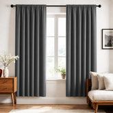 Deconovo front view of packaged dark gray blackout curtains, shows clean retail presentation and convenience