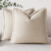 decorUhome front view of linen fringe beige pillow covers showing shape and style benefit