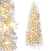 Decoway front view of packed silver tinsel tree shows slim profile and ready-to-assemble benefit