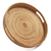 DECRAFTS front view of round rattan tray showing natural finish and shape