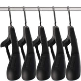 DEDU front view of 15 black extra-wide hangers showing sleek silhouette and uniformity