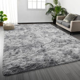 Deerhoo front view of tie-dyed light grey rug showing modern style and comfort