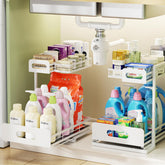Delamu front view showing assembled two-tier organizer improving cabinet access