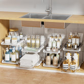 Delamu front view of clear 2-tier organizer showing neat storage benefit