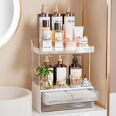 Delamu front view of clear makeup organizer showing tidy cosmetics and accessibility