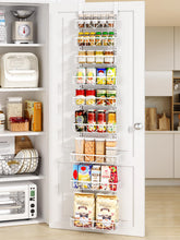 Delamu front view of over-the-door pantry organizer showing slim profile and nine tiers for efficient storage