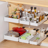 Delamu front view of three pull out drawers showing neat storage benefit