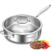 DELARLO 12-inch skillet front view with lid showing versatile all-cooktop use