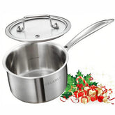 DELARLO 2 quart saucepan front view showing polished finish and sturdy base for even heat