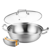 DELARLO front view showing pan and lid, highlights durable construction