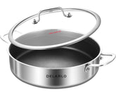DELARLO frying pan front view showing large 12-inch skillet and lid for versatile cooking