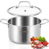 DELARLO stock pot front view showing durable tri-ply construction and polished finish