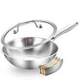 DELARLO wok front view showing compact design and durable tri-ply body for reliable cooking