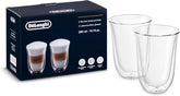 De'Longhi front view of two clear latte glasses showing elegant presentation and insulation