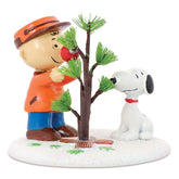Department 56 front view showing Charlie Brown and Snoopy perfect tree, collectible charm