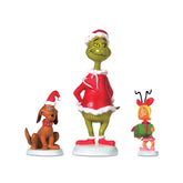 Department 56 front view of Grinch, Max, and Cindy Lou-Who enhancing display