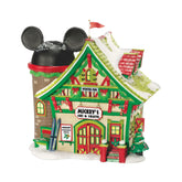 Department 56 front view of Mickey's Ski Chalet showing colorful façade and charm