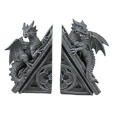 Design Toscano front view showing paired castle dragon bookends and dramatic display benefit