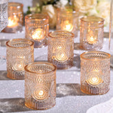 DEVI front view of 24 gold glass votive holders showcasing set and packaging benefit
